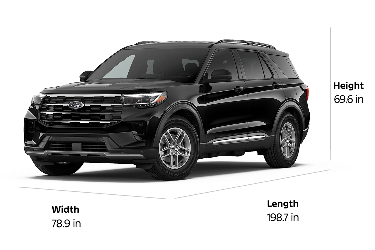 A 2026 Ford Explorer® Active SUV with a length of 198.7", a width of 78.9", and a height of 69.6"