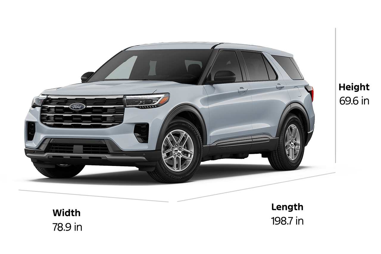 A 2026 Ford Explorer® Active 100A SUV with a length of 198.7", a width of 78.9", and a height of 69.6"