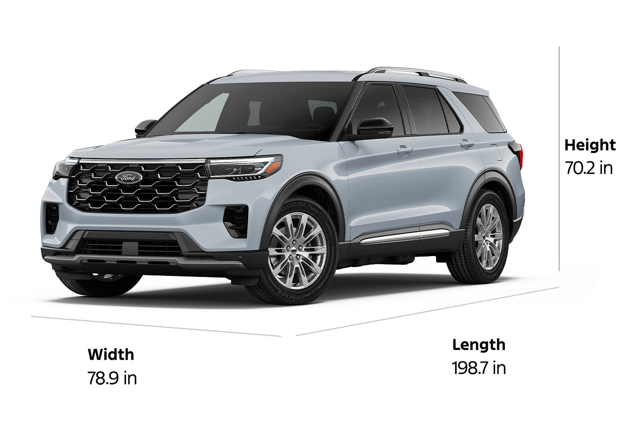 A 2026 Ford Explorer® Platinum™ SUV with a length of 198.7", a width of 78.9", and a height of 70.2"