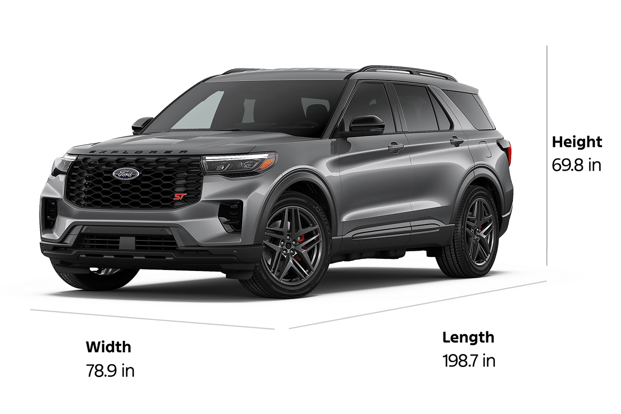 A 2026 Ford Explorer® ST SUV with a length of 198.7", a width of 78.9", and a height of 69.8"