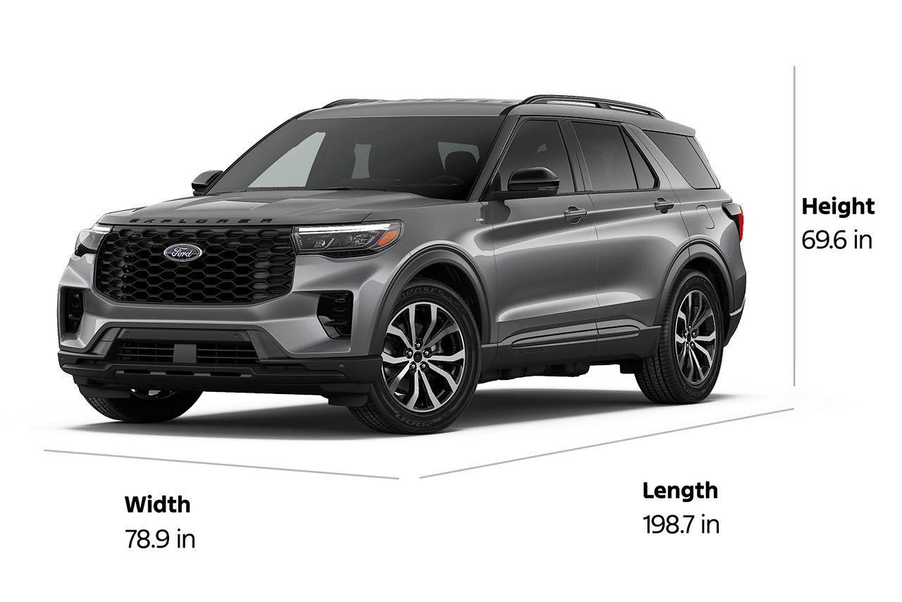 A 2026 Ford Explorer® ST-Line SUV with a length of 198.7", a width of 78.9", and a height of 69.6"