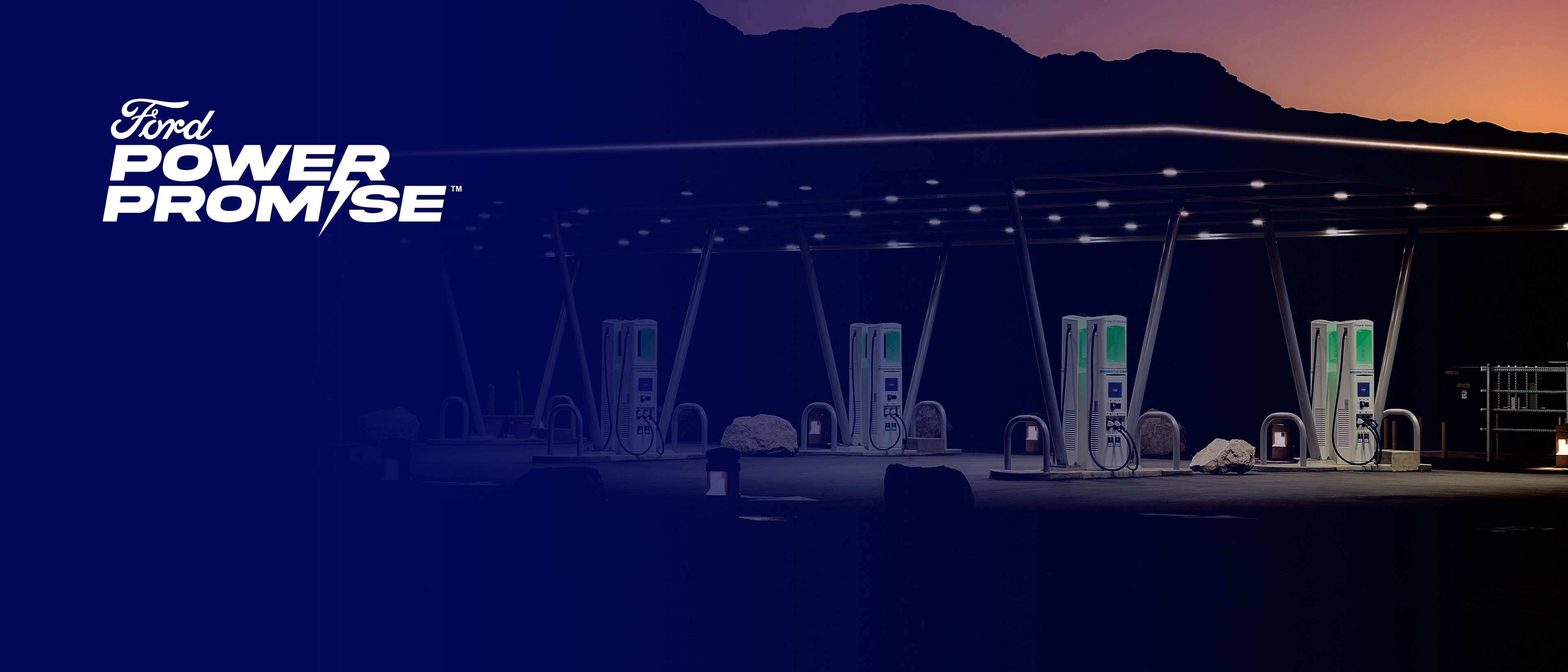 Ford Power Promise logo on a blue transparent overlay over image of public charging stations