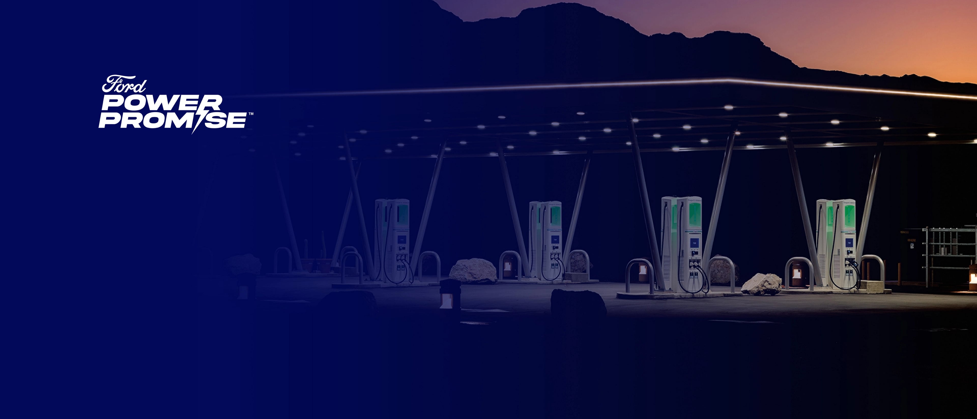Ford Power Promise logo on a blue transparent overlay over image of public charging stations