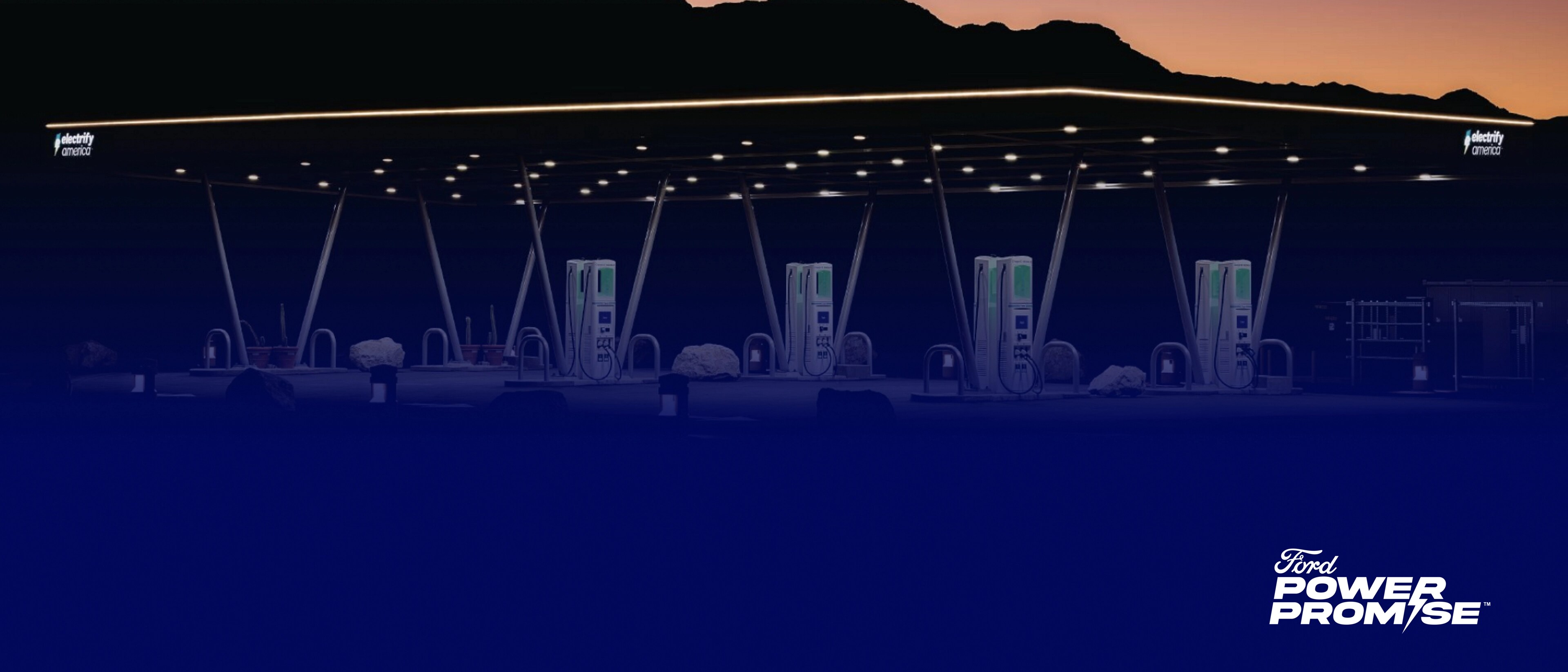 Ford Power Promise logo on a blue transparent overlay over image of public charging stations
