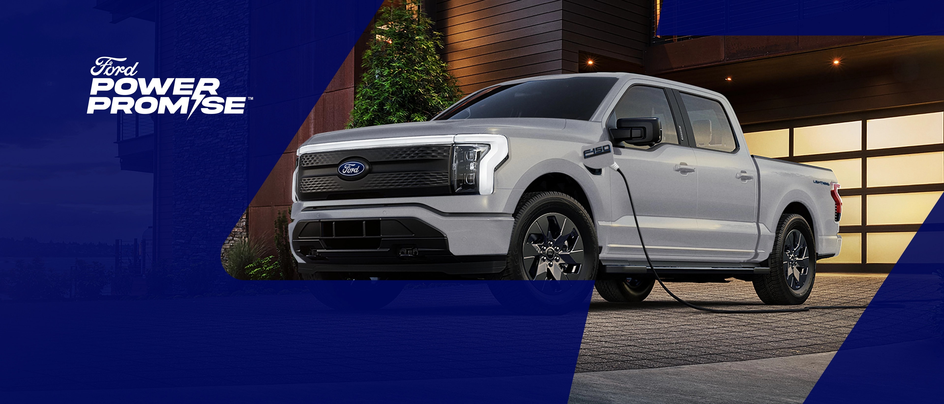 Ford Power Promise logo on a blue transparent overlay over image of a Ford F-150® Lightning® truck