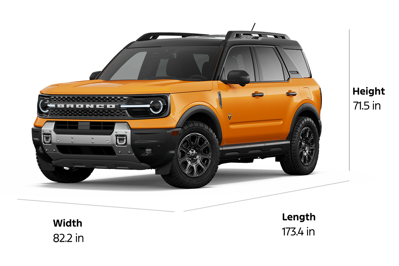 2026 Ford Bronco Sport® Badlands® model shown with dimensions drawn around the vehicle
