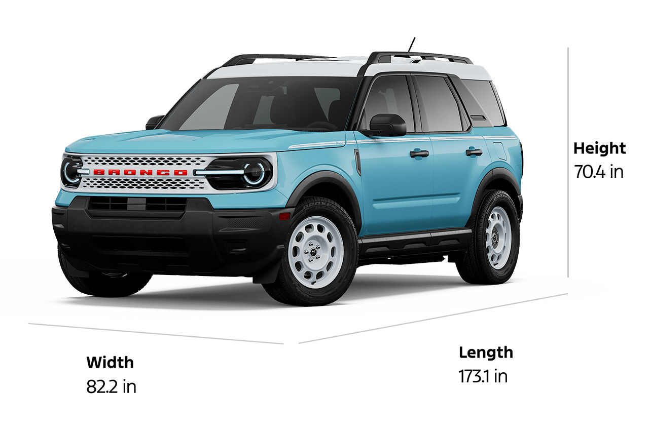 2026 Ford Bronco Sport® Heritage model shown with dimensions drawn around the vehicle