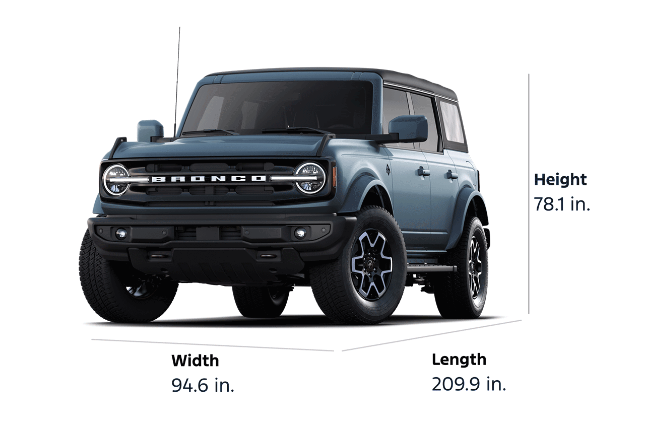 Dimension diagram for a 2025 Ford Bronco® Outer Banks® SUV: height 78.1 inches, width 94.6 inches, length 209.9 inches