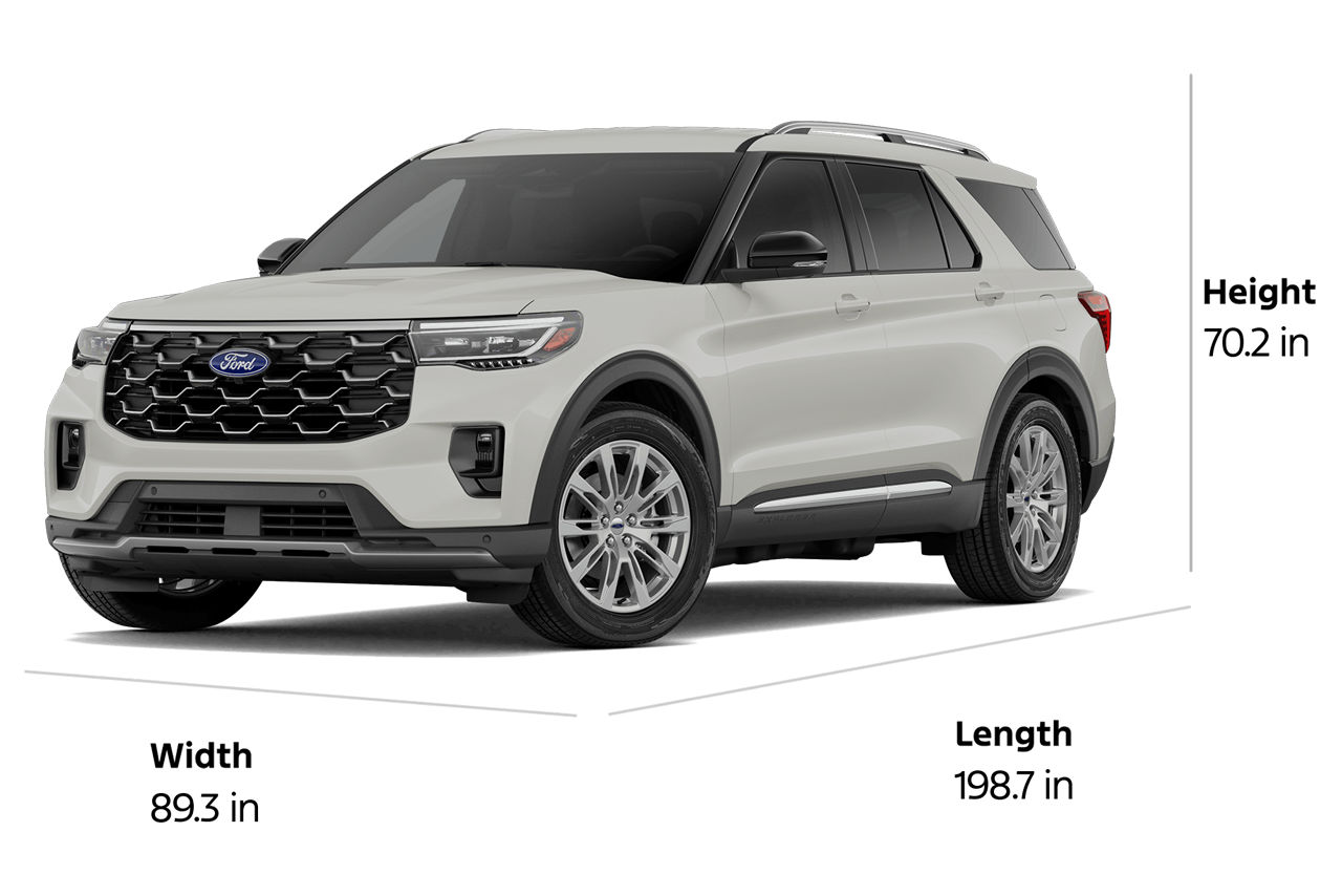 A 2027 Ford Explorer® Platinum™ SUV with a length of 198.7", a width of 89.3", and a height of 70.2"