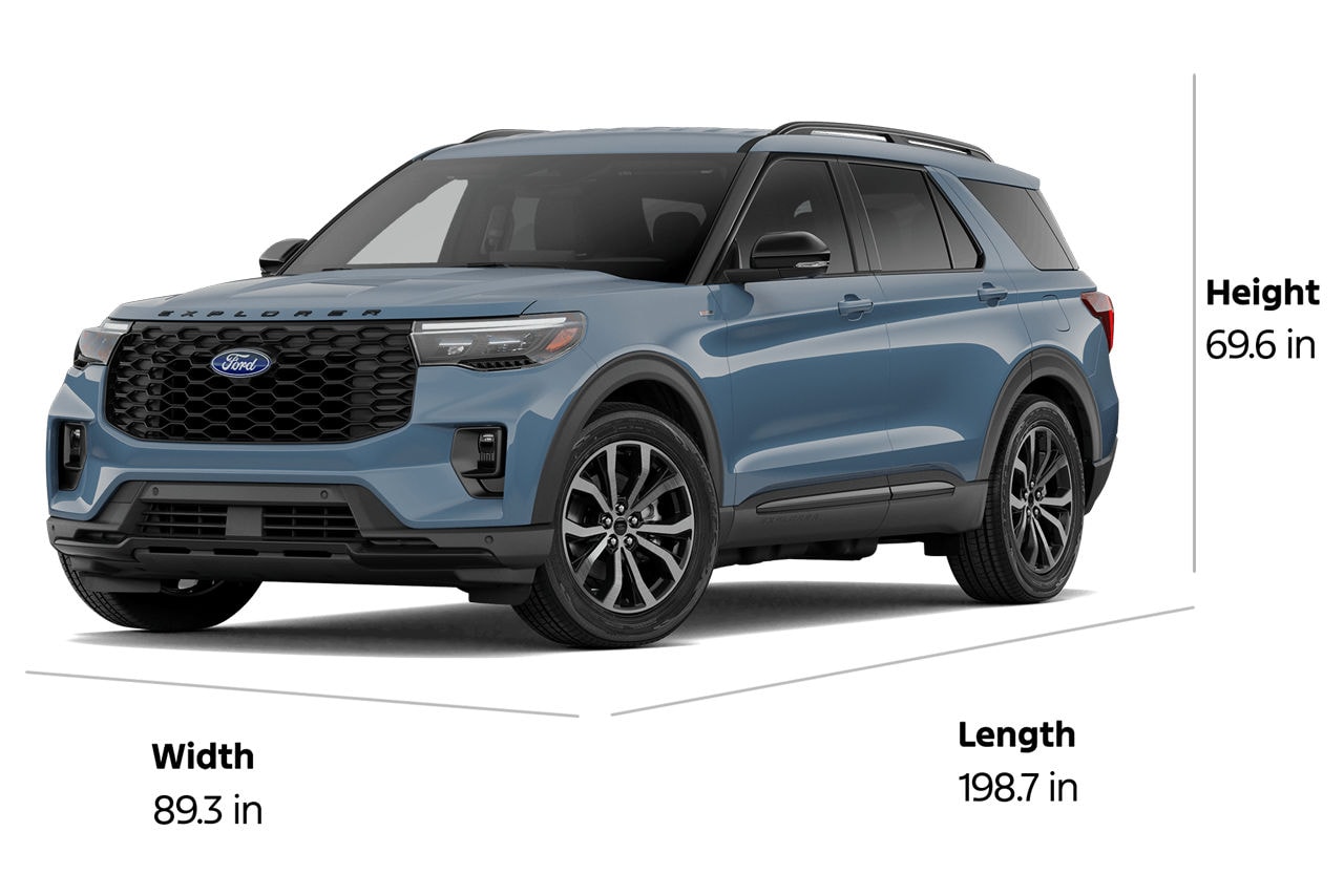 A 2027 Ford Explorer® ST-Line SUV with a length of 198.7", a width of 89.3", and a height of 69.6"