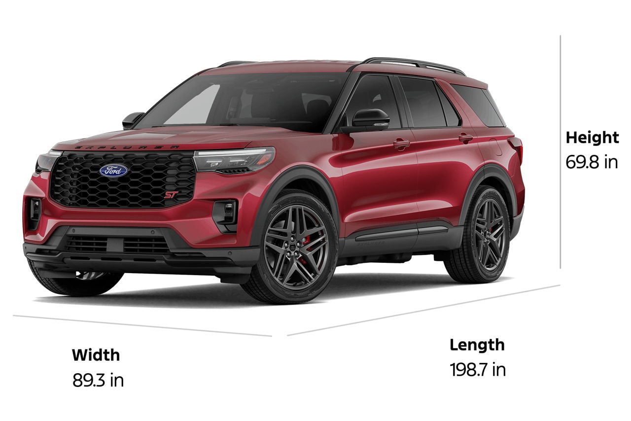A 2027 Ford Explorer® ST SUV with a length of 198.7", a width of 89.3", and a height of 69.8"