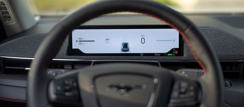 2025 Ford Mustang Mach-E® showing the miles available before charging is needed