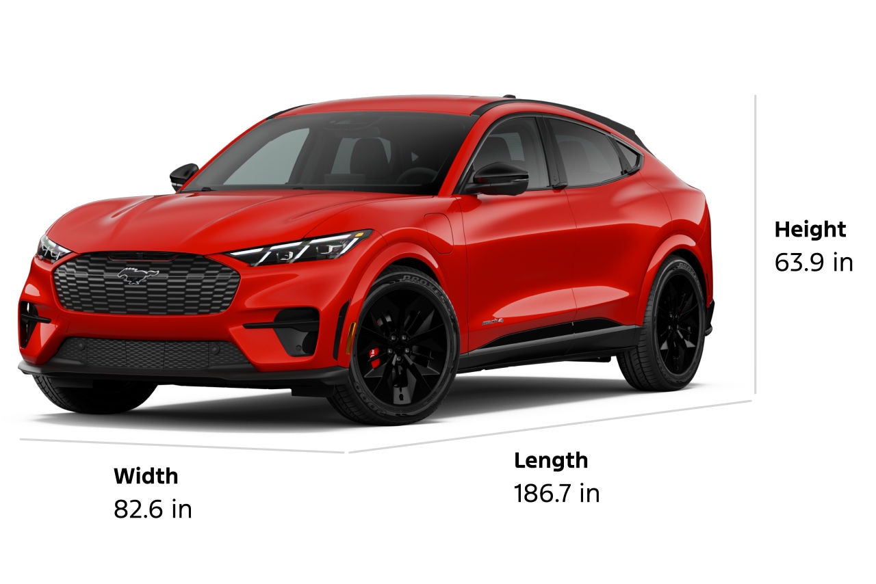 2026 Ford Mustang Mach-E® GT model with length, width, and height dimensions displayed