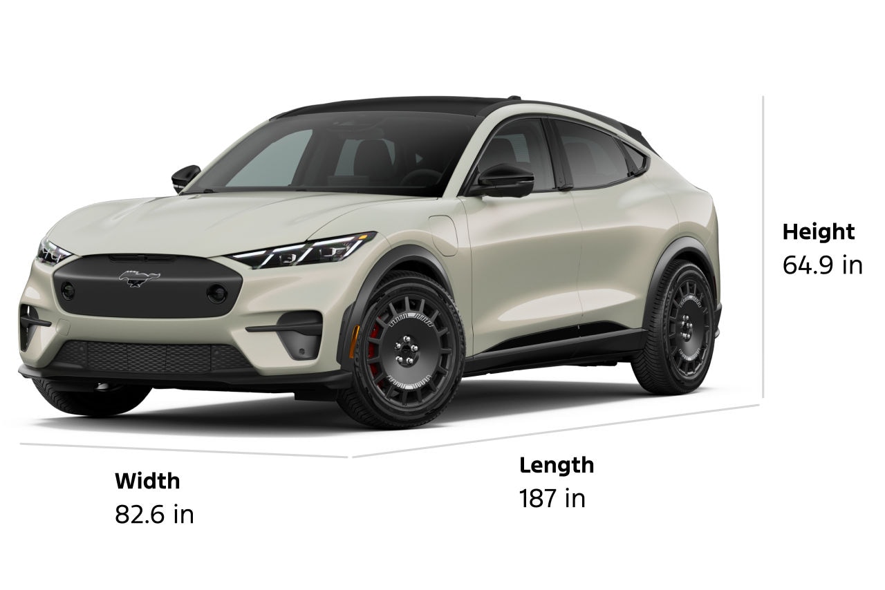 2026 Ford Mustang Mach-E® Rally model with length, width, and height dimensions displayed