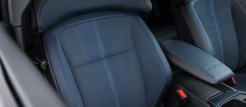 Blue and silver stitching on the seats of the 2026 Ford Mustang Mach-E® SUV with the California Special Package