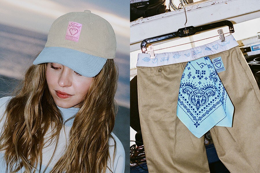 Imagen dividida del primer plano de Sydney Sweeney usando un sombrero y overoles en una percha