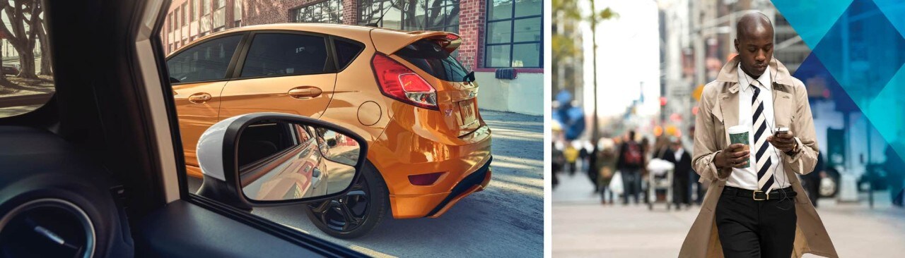 Fiesta ST 2019 estacionado y hombre usando Ford Pass