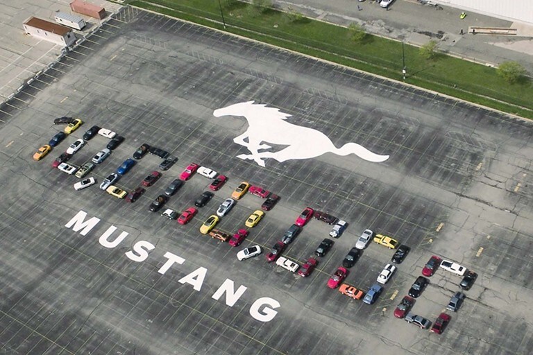 Two images of Ford Mustang® models arranged in the shape of the numbers ten million and one million