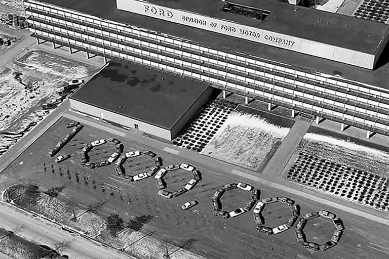 Two images of Ford Mustang® models arranged in the shape of the numbers ten million and one million