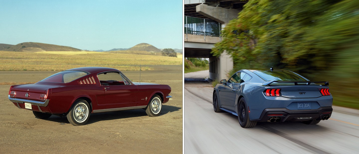 Imagen dividida de los modelos Ford Mustang® Fastback 1965 y 2024