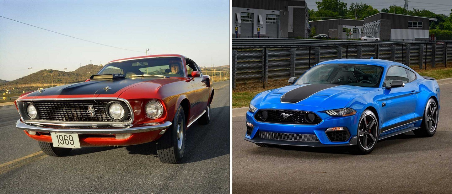 Split-view image of 1969 and 2023 Ford Mustang® Mach 1® models