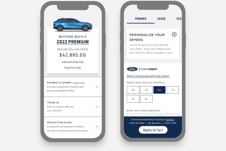 On the left a phone screen showing a vehicle price and payment options and on the right a phone screen showing personalized offers and finance terms