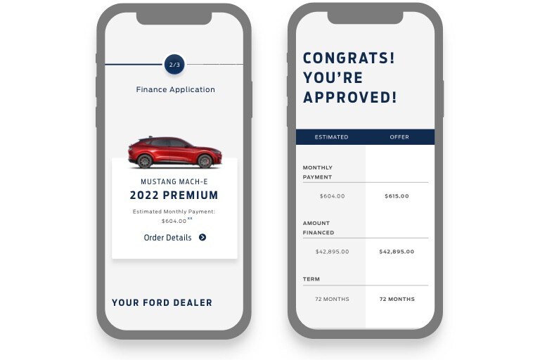 On the left a phone screen showing vehicle info for a finance application and on the right a phone screen showing credit approval and term info