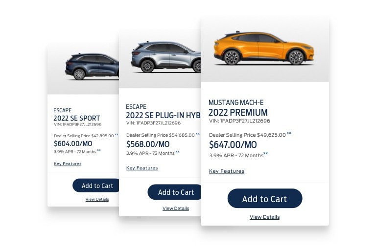 Three different cards showing information about three different vehicles