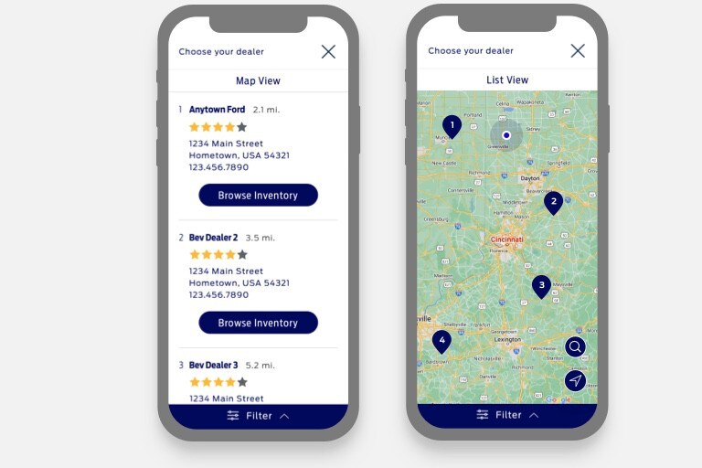 On the left a phone screen showing a list of dealer search results and on the right a phone screen showing a map of dealer search results