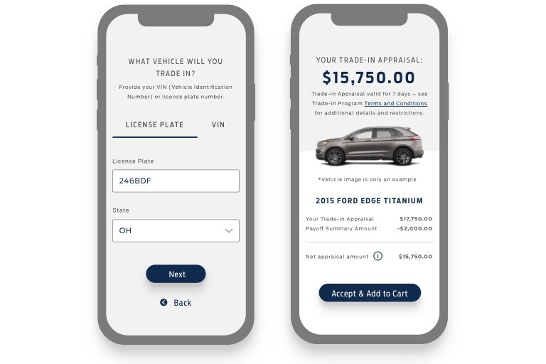 On the left a phone screen showing a vehicle trade-in form and on the right a phone screen showing a vehicle with its trade-in appraisal value