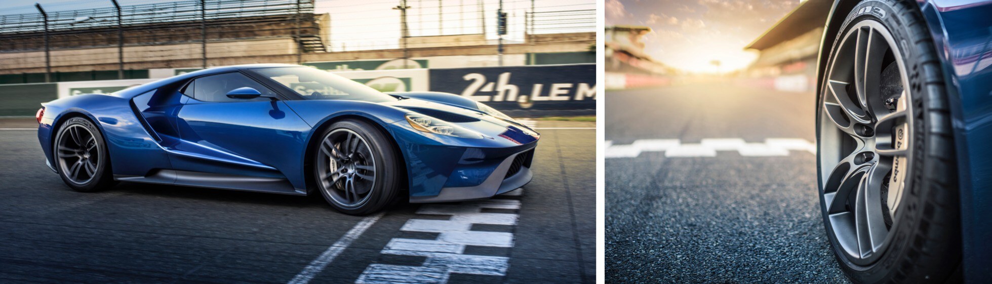 Ford G T at Le Mans racetrack and image of wheel and tire