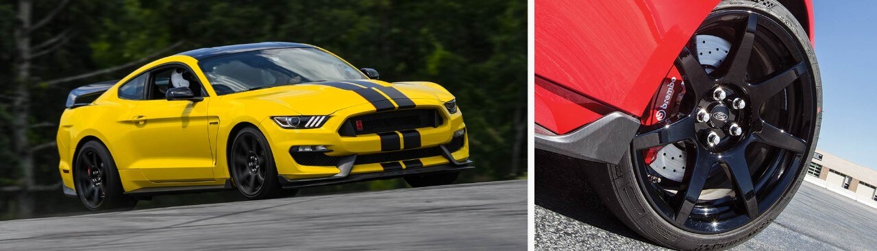 Shelby GT350 2018 y primer plano de la rueda de fibra de carbono.