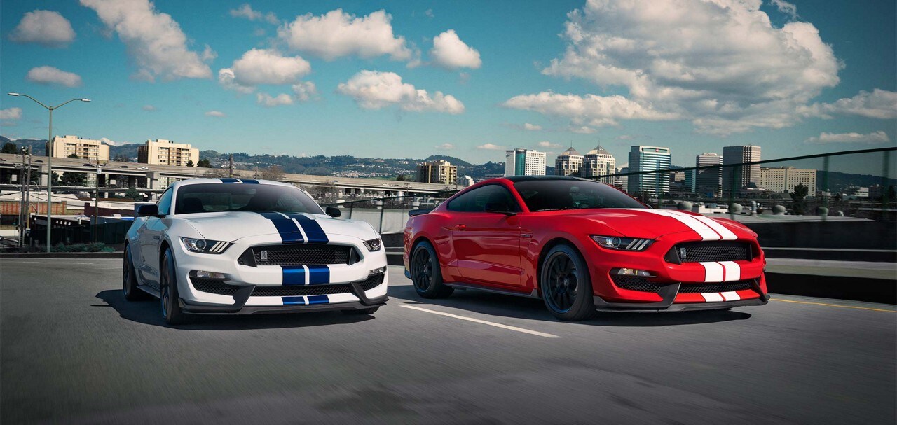 Un par de Shelby GT350 pasando uno al lado del otro.