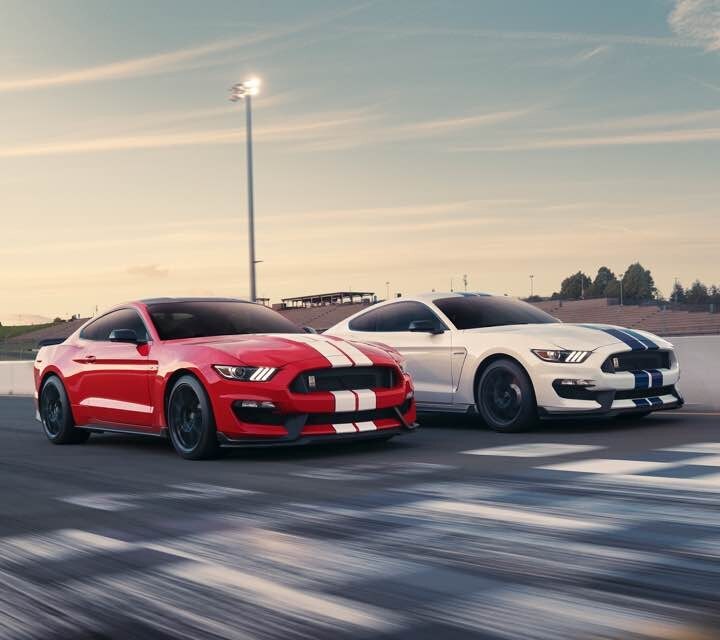 Un par de Ford GT350 2018 en una pista de carreras.