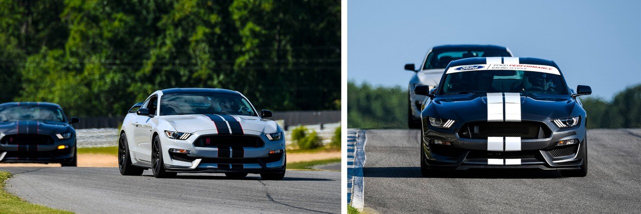 Vista delantera de dos Shelby G T trescientos cincuenta 2019 en una pista de carreras