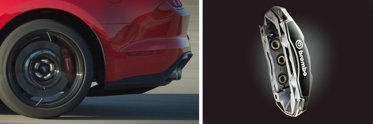 Vista en primer plano de la rueda trasera y mordazas Brembo del Shelby GT350