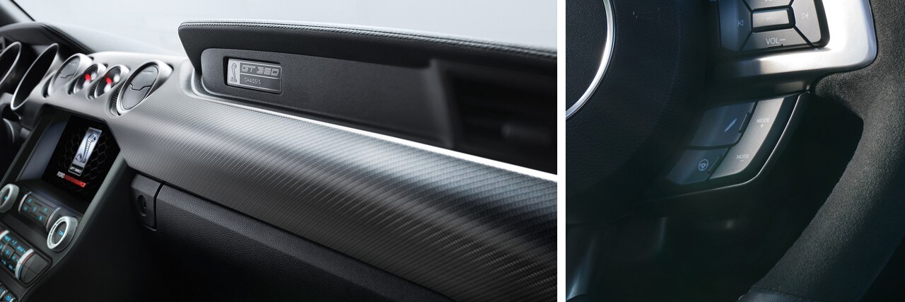 Primer plano del número de chasis y panel de instrumentos del lado del pasajero del Shelby G T 350 2019