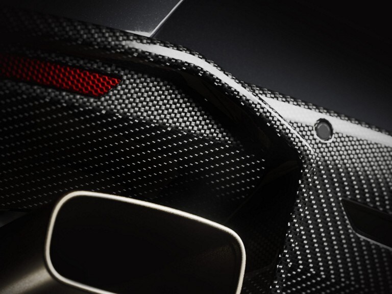 Close up of the 2025 Mustang® GTD carbon fiber bumper and metal exhaust tip