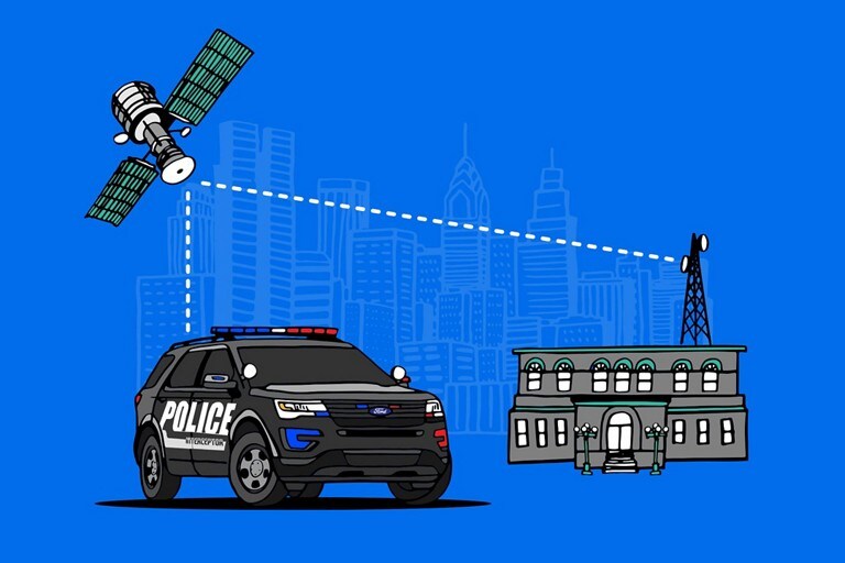 Graphic of a police vehicle and police headquarters linked by satellite