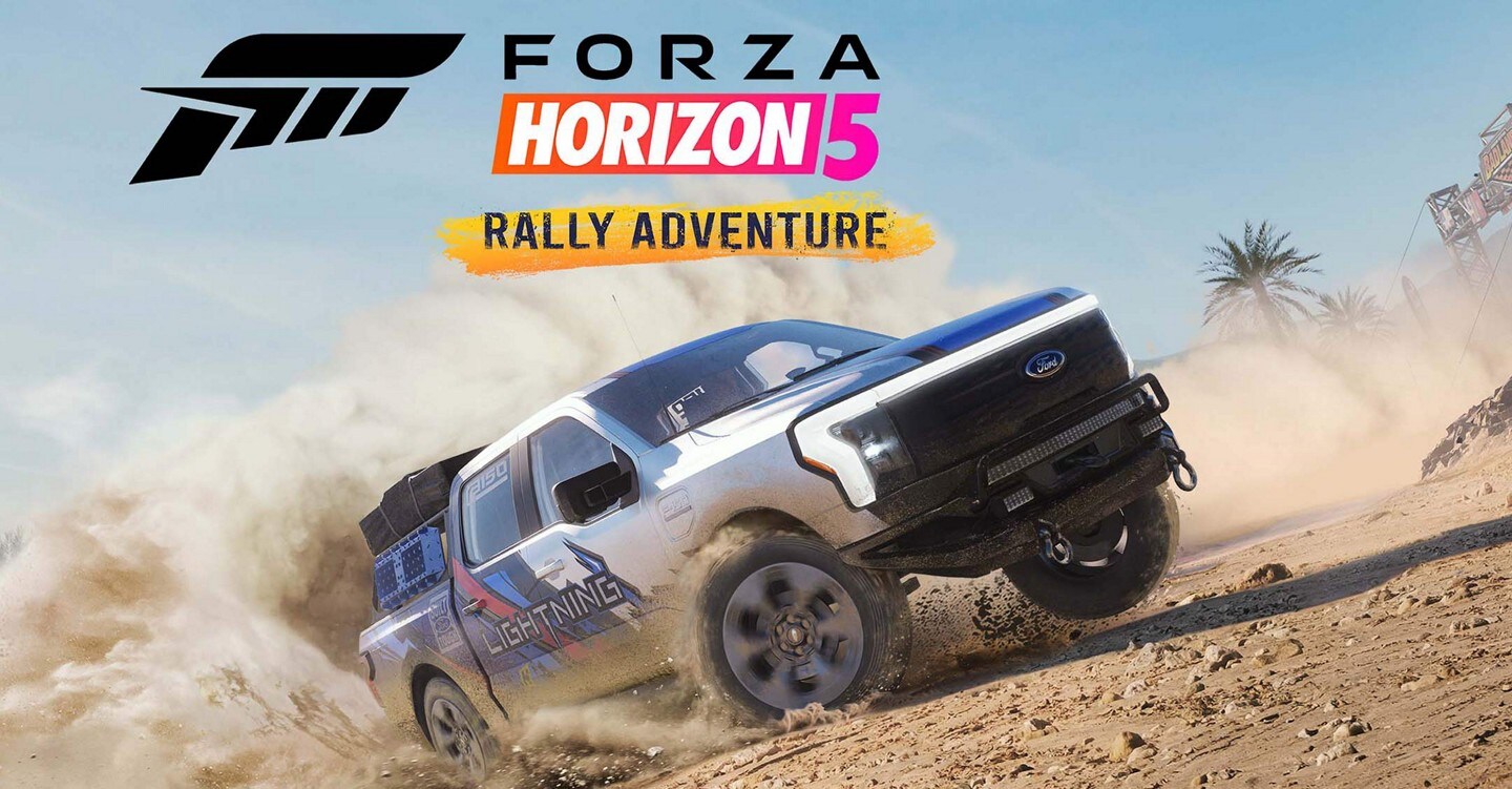Cover image of “Forza Horizon 5 Rally Adventure” game, featuring the Ford F-150® Lightning® racing through the dirt