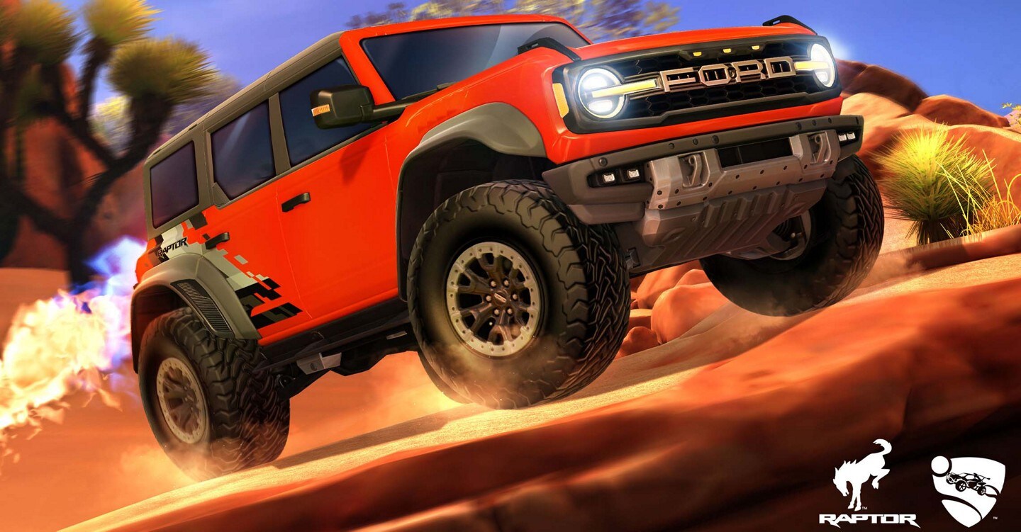 Computer-generated graphic of a 2023 Bronco® Raptor™ being driven in the desert