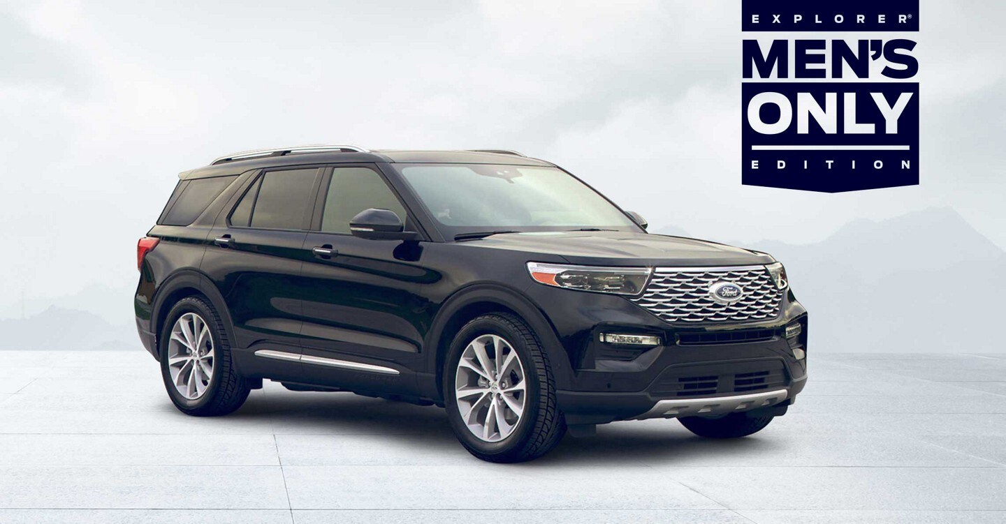  Black Ford Explorer Men’s Only Edition shown with mountains behind. Explorer Men’s Only Edition logo at the top of the page