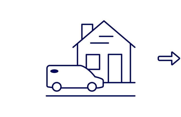 Ilustración de una van de servicio llegando a una vivienda con una flecha que señala a la derecha
