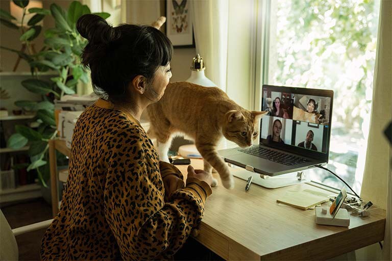 A woman and a cat are at a desk.