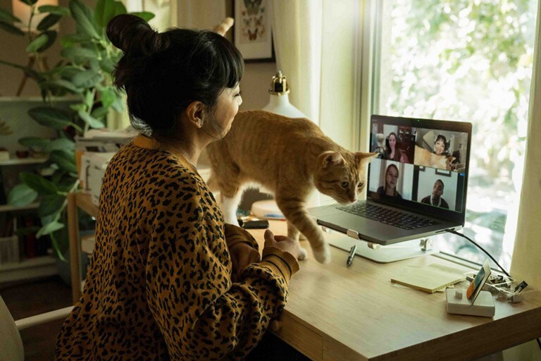 Una mujer y su gato sentados frente a un escritorio