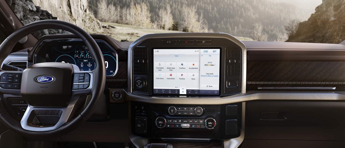 Available touchscreen displaying various available apps and features on the available SYNC 4 system