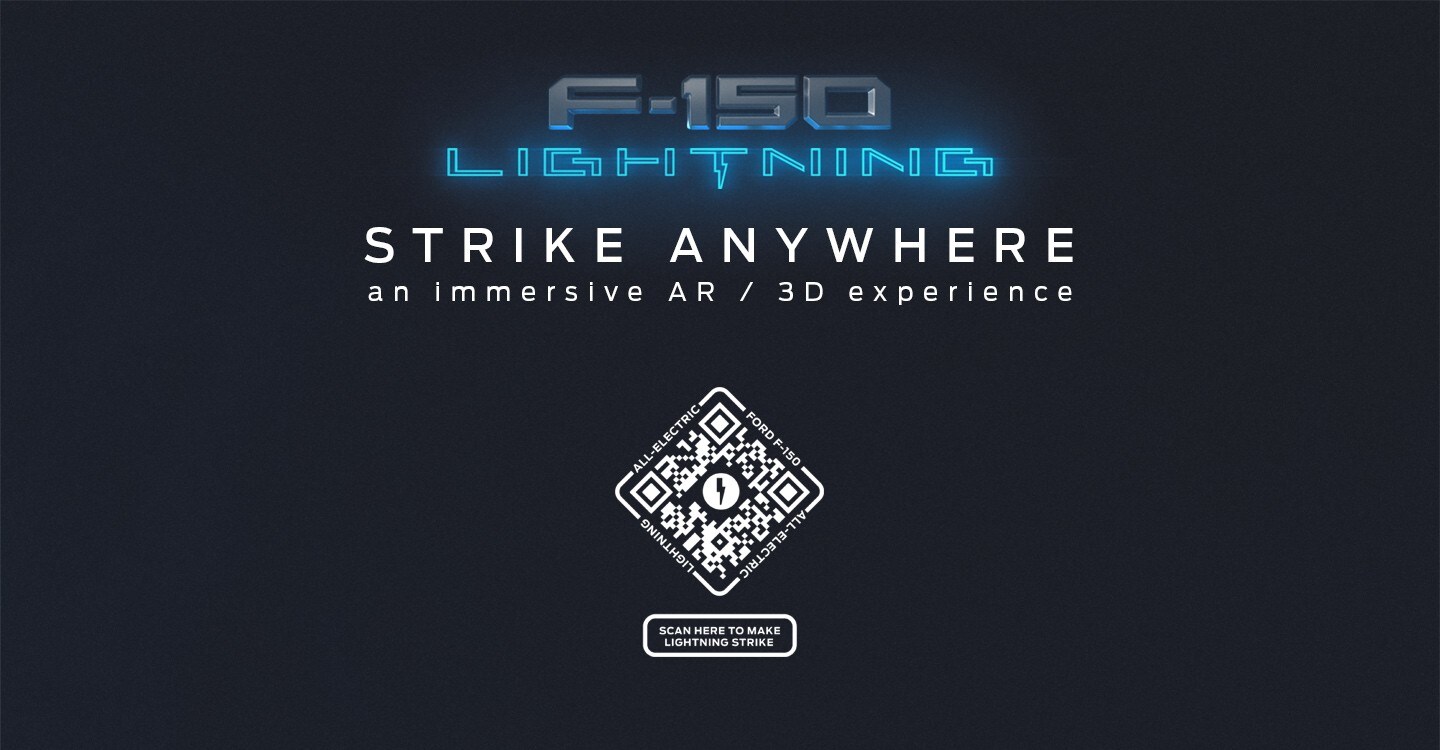 The Ford Lightning Logo with a headline and QR code that links to the AR experience