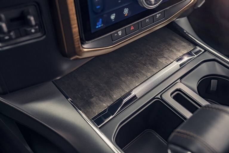 Close-up of the oak accents on the center console of a 2022 F-150 Lightning.