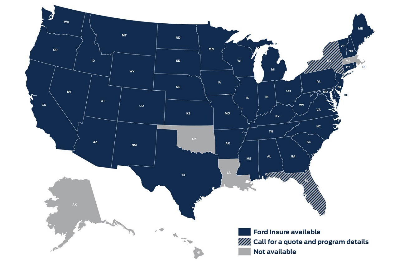 United States map with color-coded legend showing availability of Ford Insure: Gray = Unavailable (AK, OK, LA, MA); Blue/Gray Stripes = Call for Quote and Program Details (NY, FL); Blue = Available (all other states)