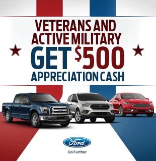 Ford vehicles with red white and blue striped background and text stating veterans and active military get 500 dollars cash